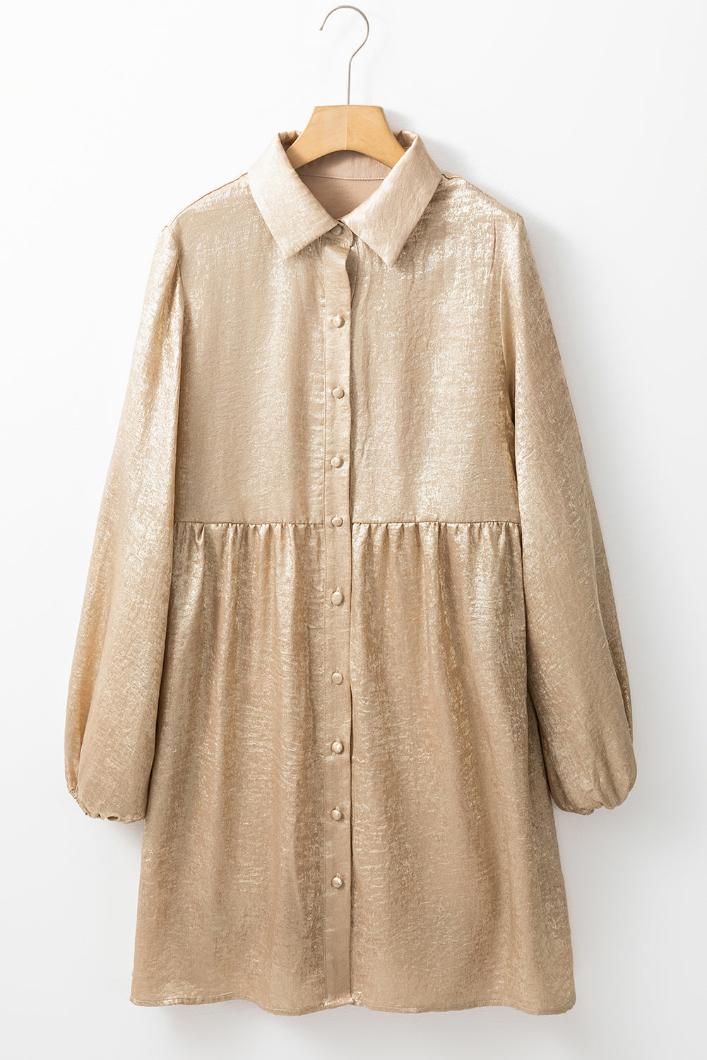 Metallic Sheen Puff Sleeve Button Up Mini Shirt Dress