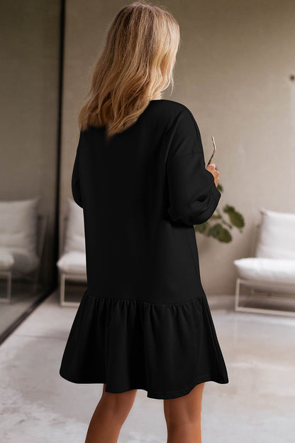 Black Solid Color Ruffle Hem Mini Sweatshirt Dress