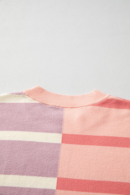 Light Beige Striped Colorblock Drop Shoulder Sweater