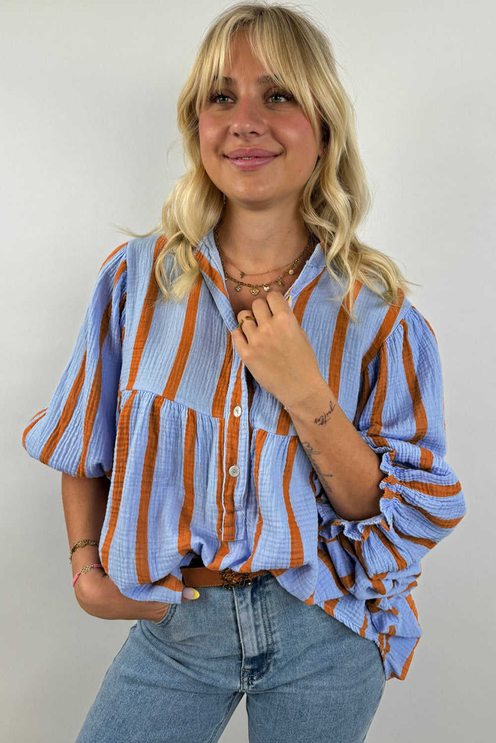 Sky Blue Stripe Crinkle Ruffle Sleeve Loose Blouse