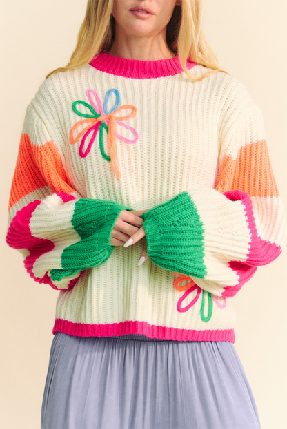 Flower Colorblock Puff Sleeve Sweater