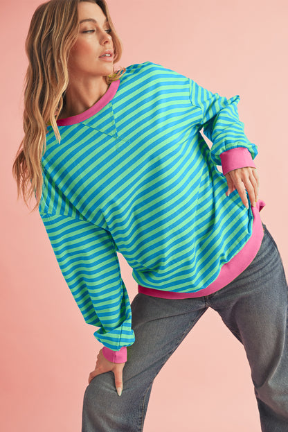 Green Stripe Contrast Edge Oversized Sweatshirt