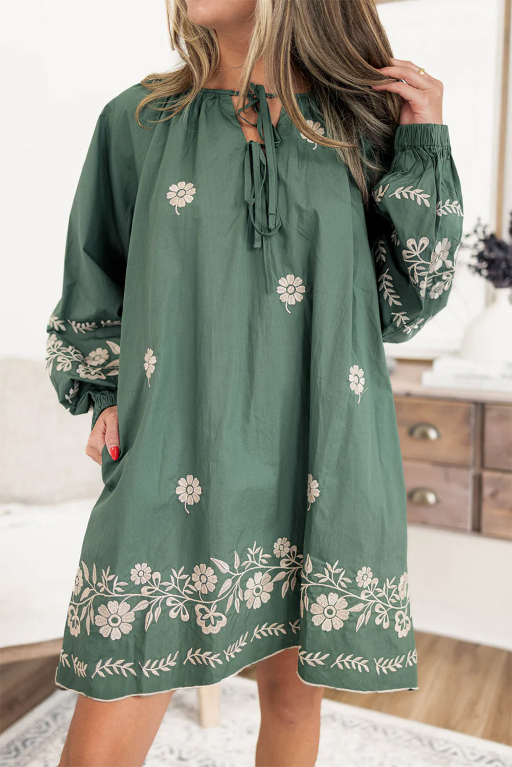 Mist Green Boho Floral V Neck Mini Dress