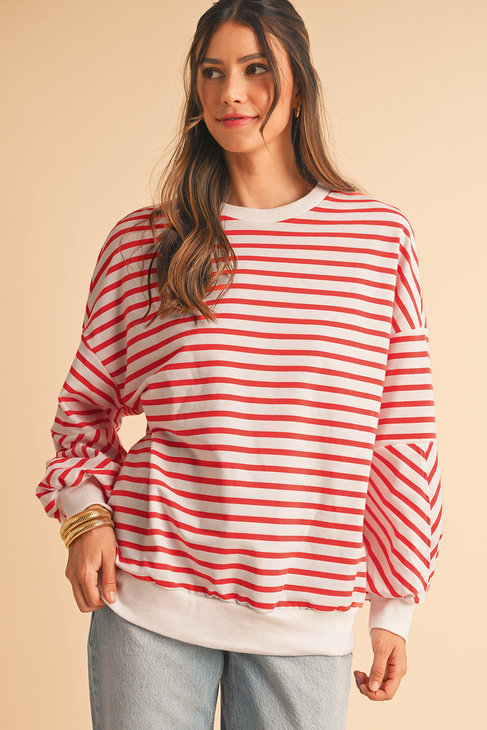 Orange Stripe Drop Shoulder Crew Neck Loose Sweatshirt