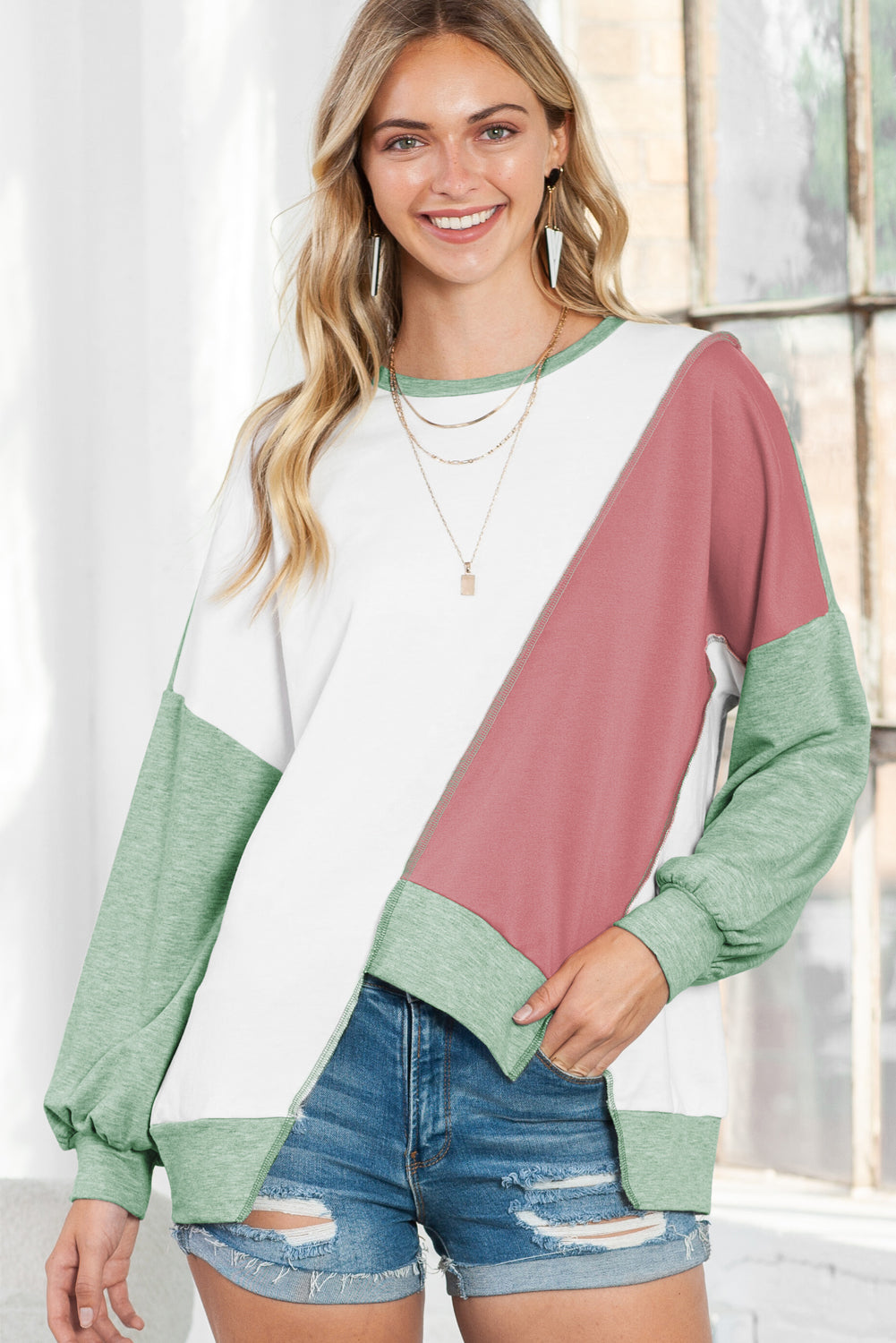 Khaki Colorblock Stitching Irregular Hem Long Sleeve Top