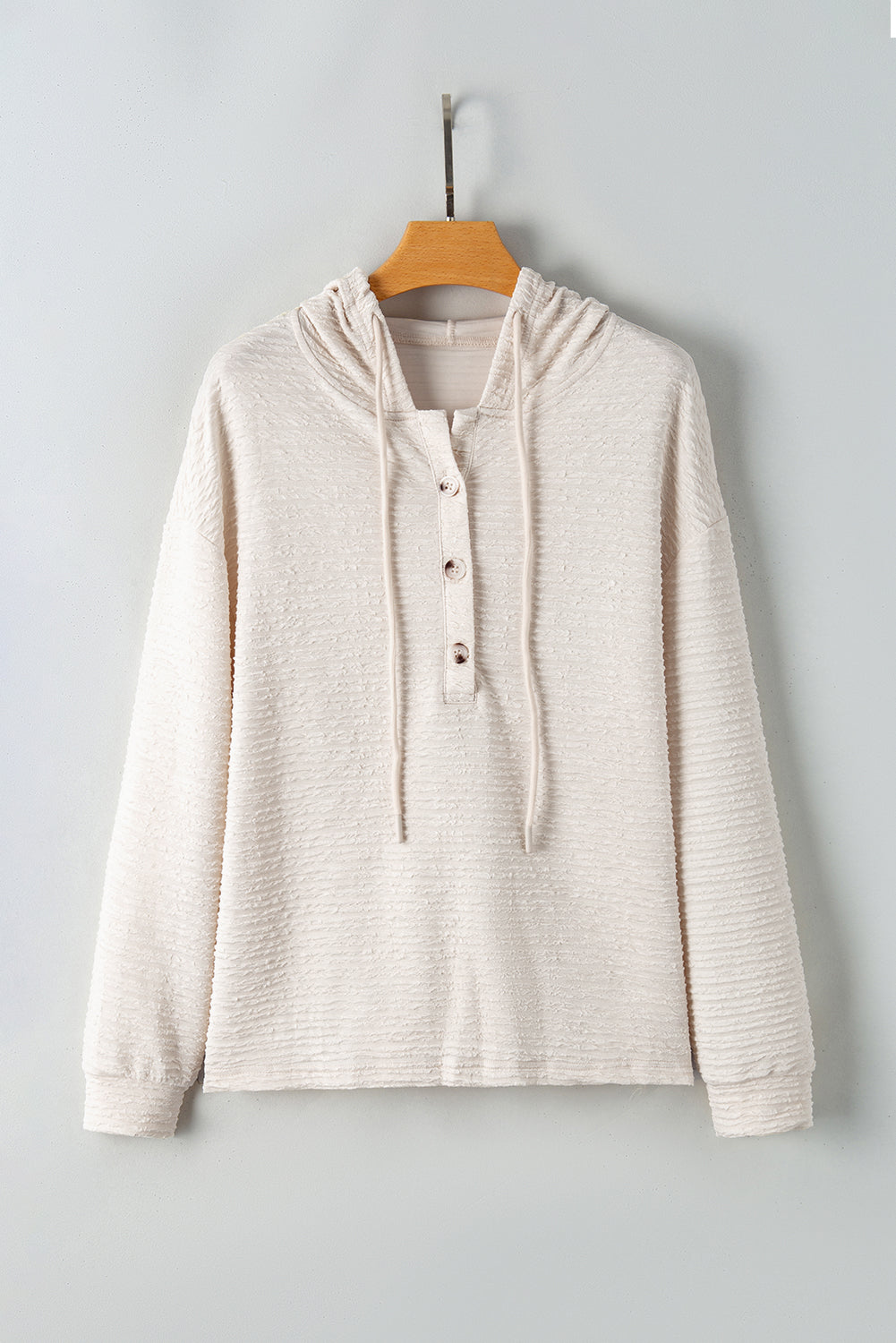 Apricot Solid Color Textured Drawstring Henley Hoodie