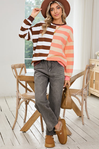 Brown Stripe Color Block Drop Shoulder Pullover Sweatshirt