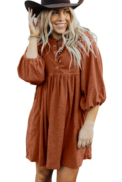 Snap Button Empire Waist Lantern Sleeve Corduroy Dress