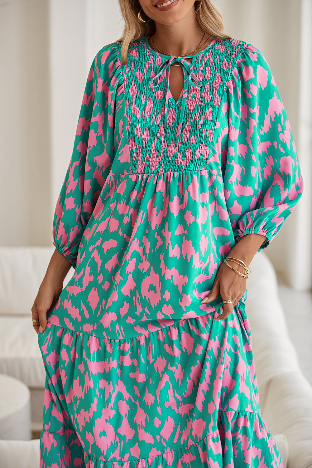 Abstract Print Puff Sleeve Smocked V Neck Maxi Dress