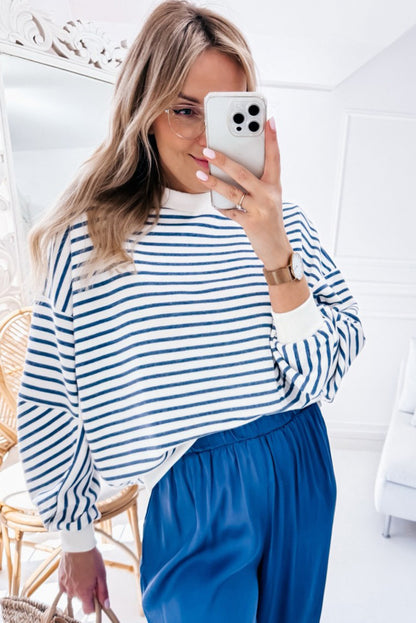 Orange Stripe Drop Shoulder Crew Neck Loose Sweatshirt