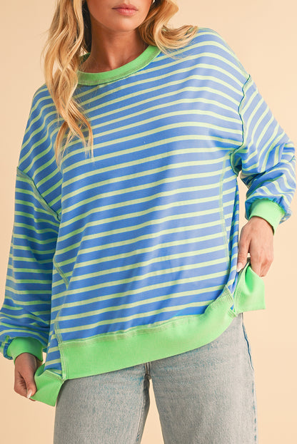 Pink Stripe Contrast Trim High Low Tunic Sweatshirt