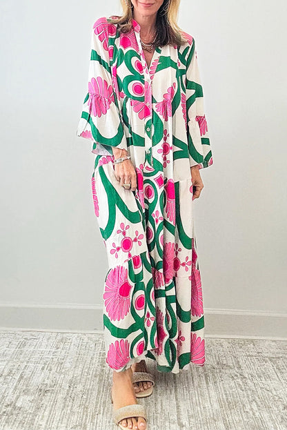 Boho Abstract Button V Neck Oversized Maxi Dress