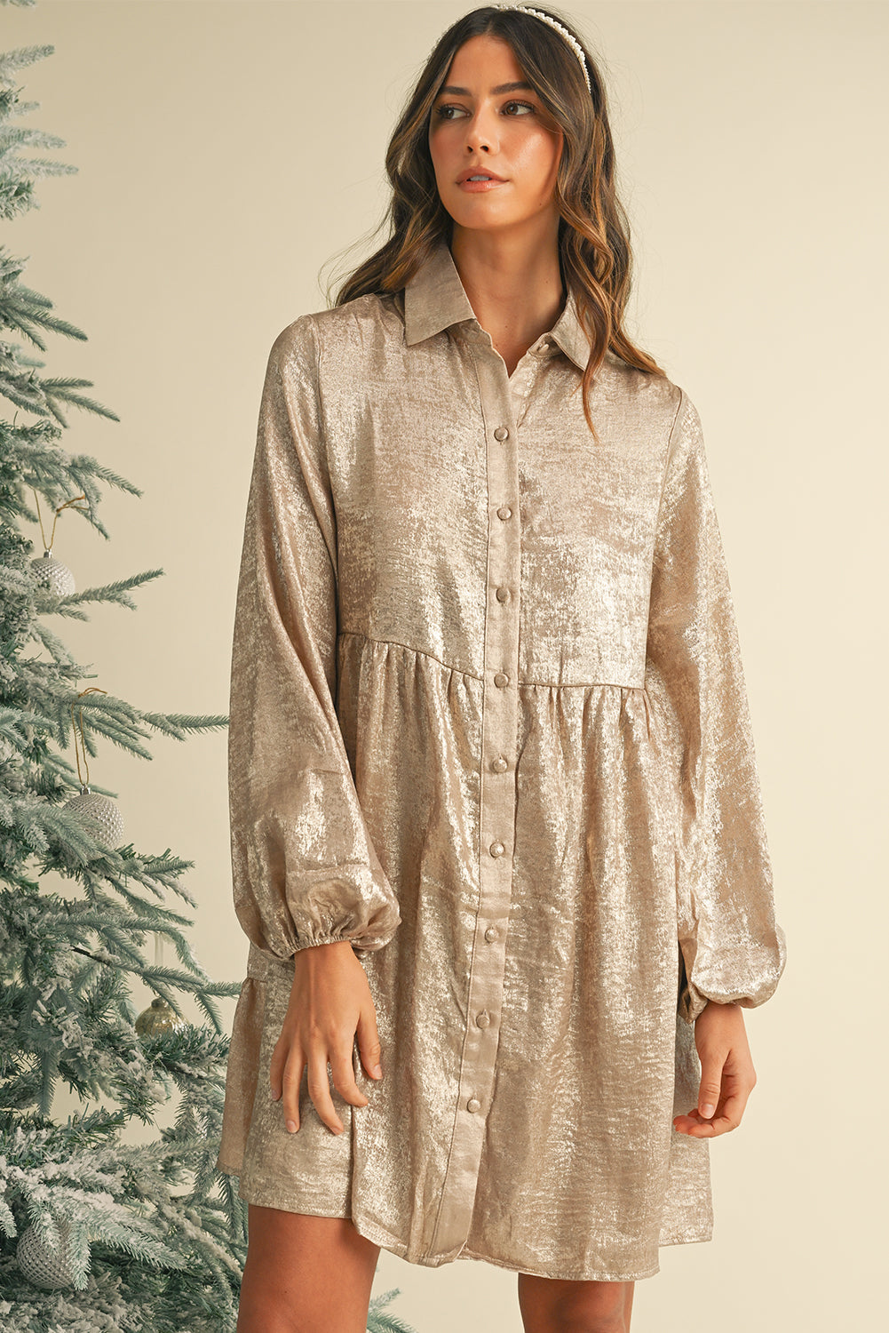 Metallic Sheen Puff Sleeve Button Up Mini Shirt Dress