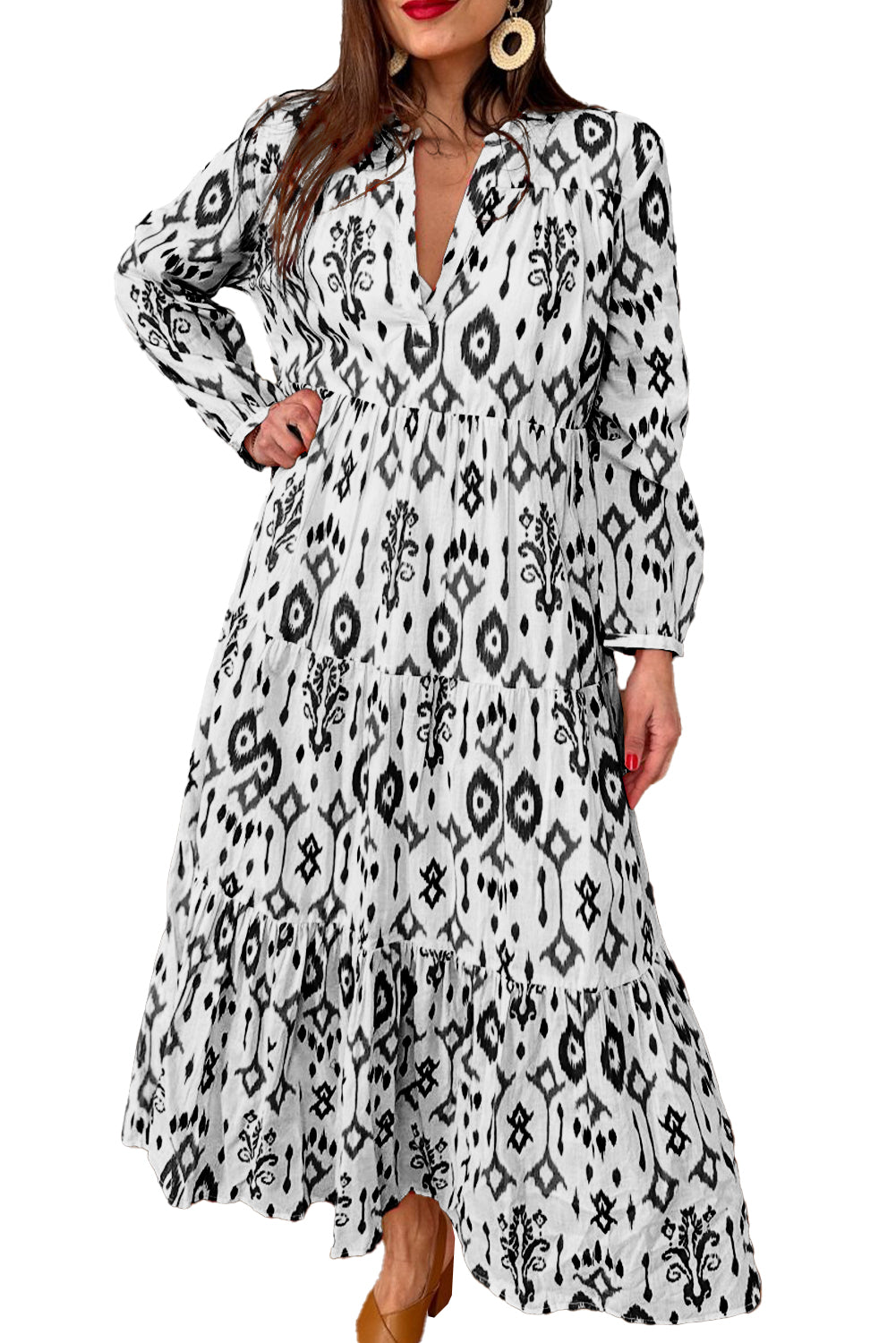 Abstract Geometric Printed V Neck Maxi Dress