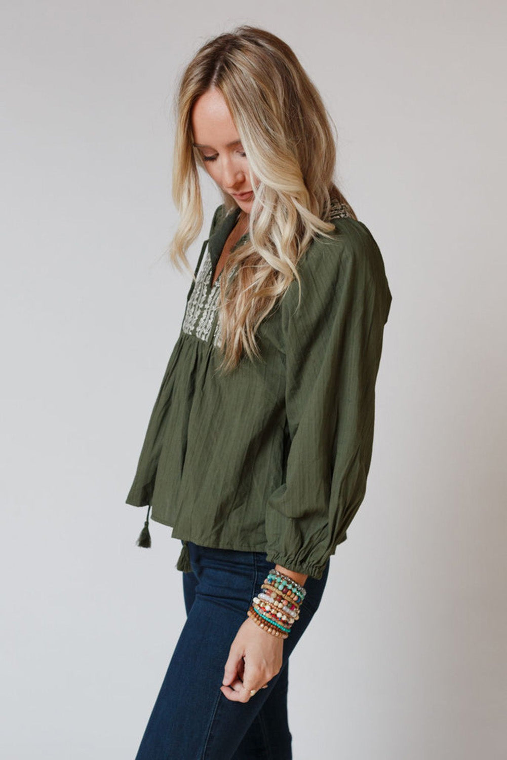 Green Embroidered Split Neck Pleated Loose Blouse