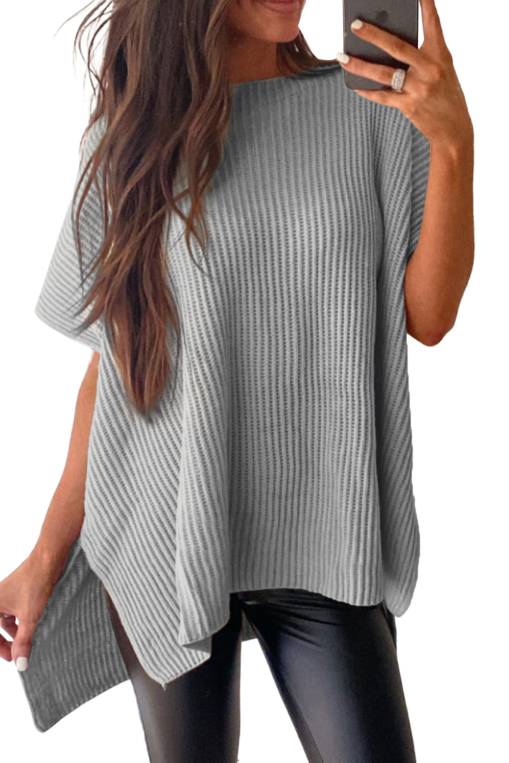 Side Slit Short Sleeve Oversized Sweater