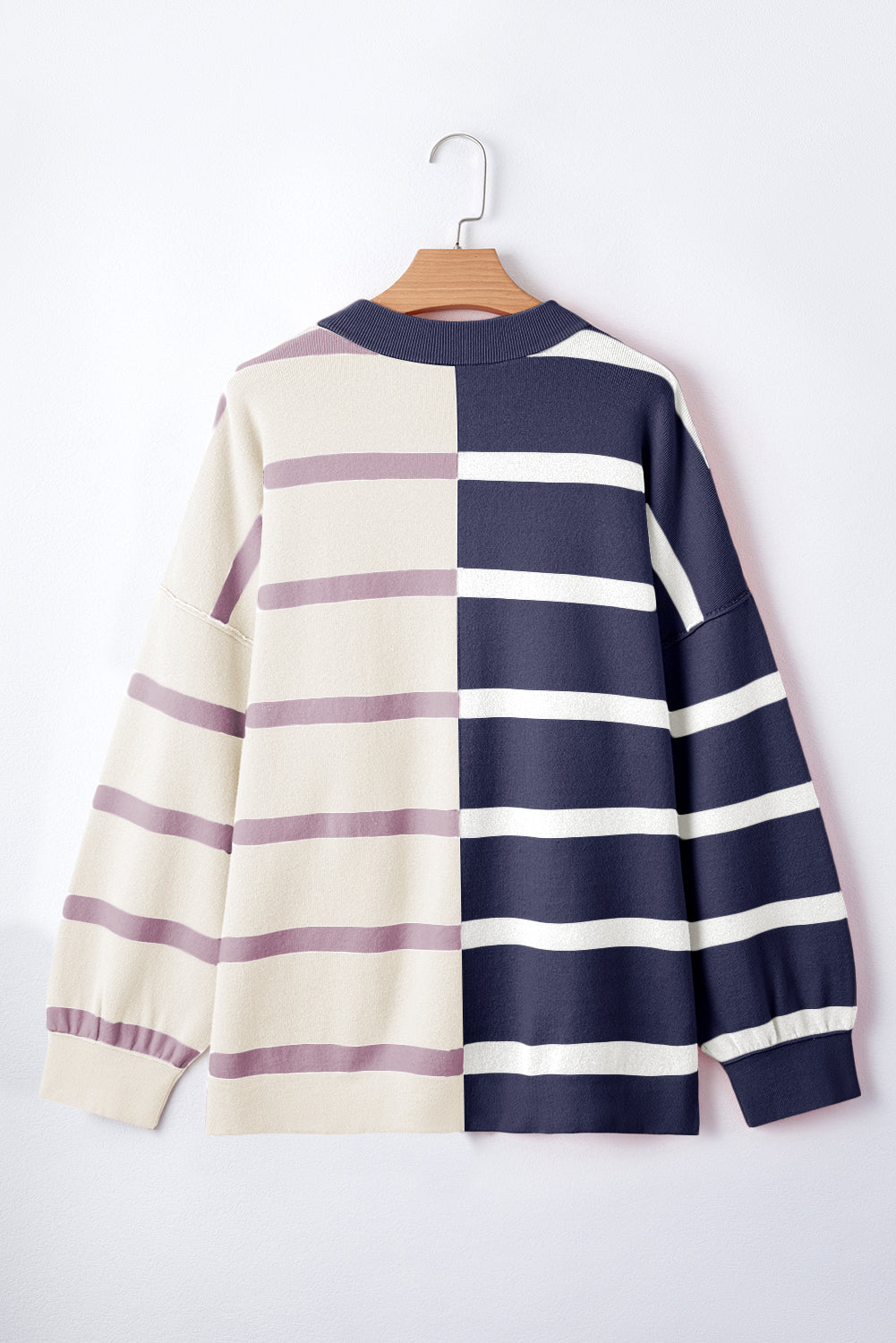 Light Beige Striped Colorblock Drop Shoulder Sweater