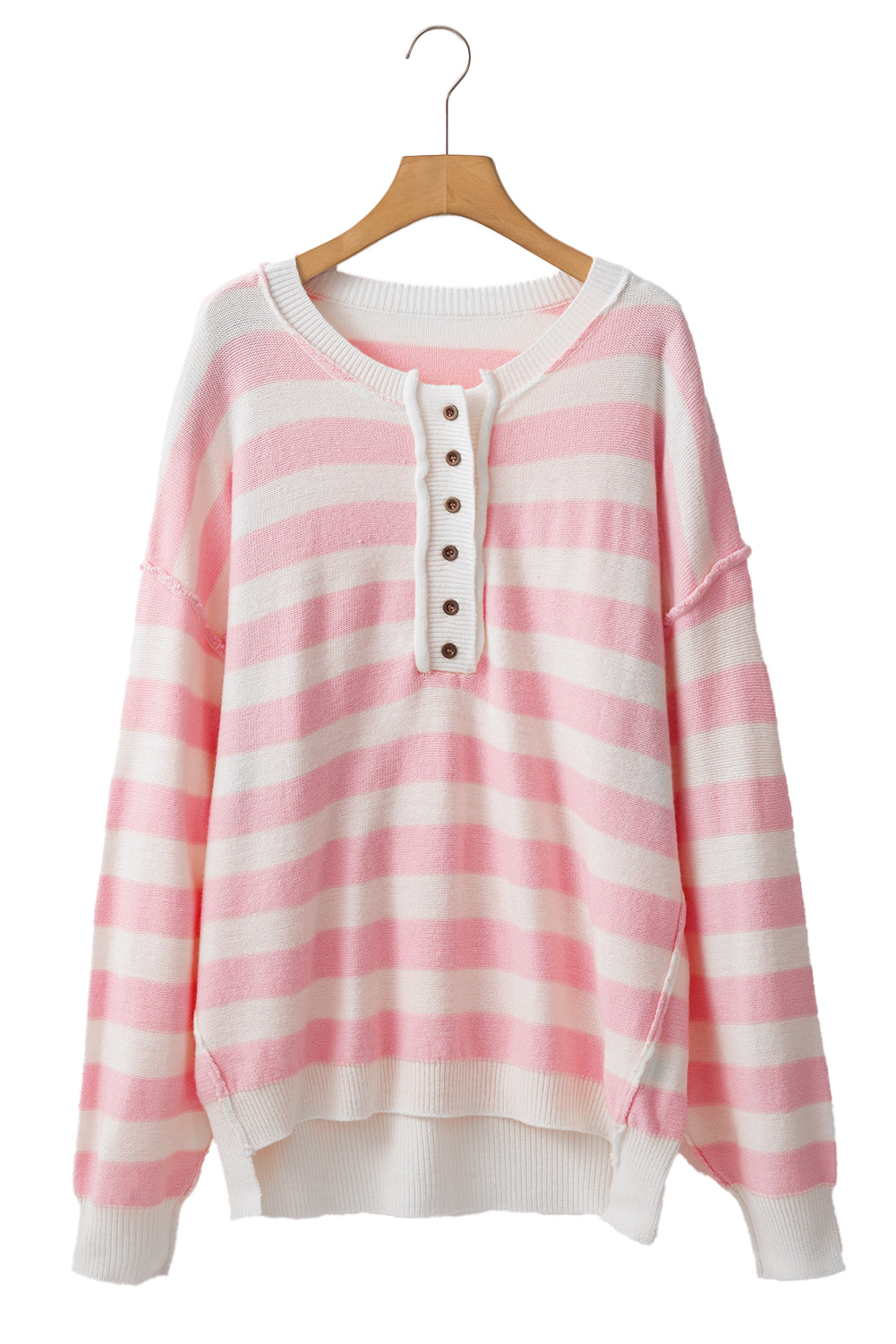 Pink Striped Drop Sleeve Henley Sweater