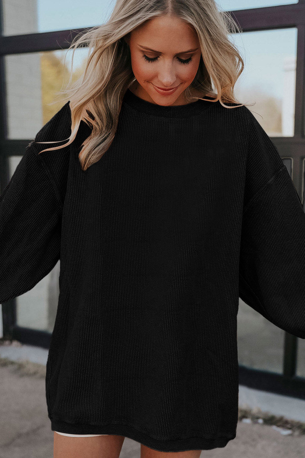 Plain Drop Sleeve Crinkle Rib Oversized Sweatshirt