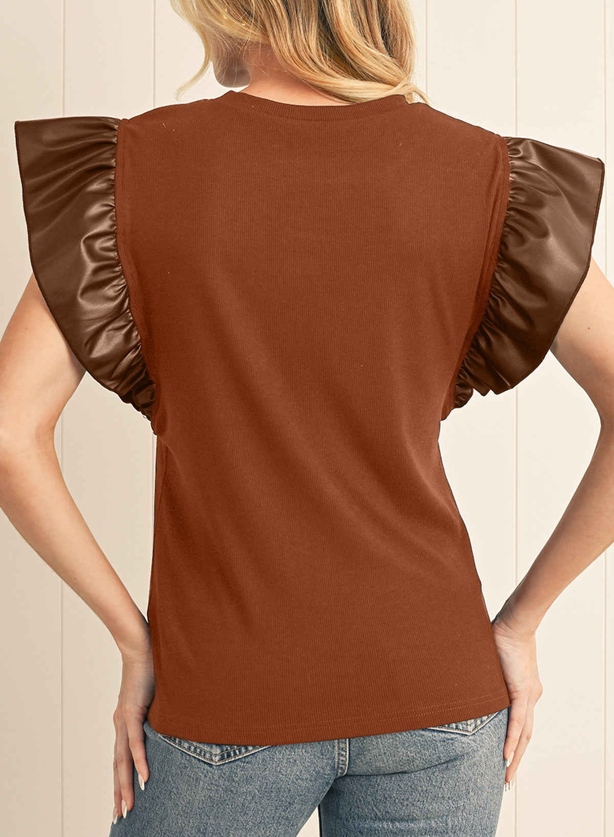 Black Leather Ruffle Shoulder Plain Blouse