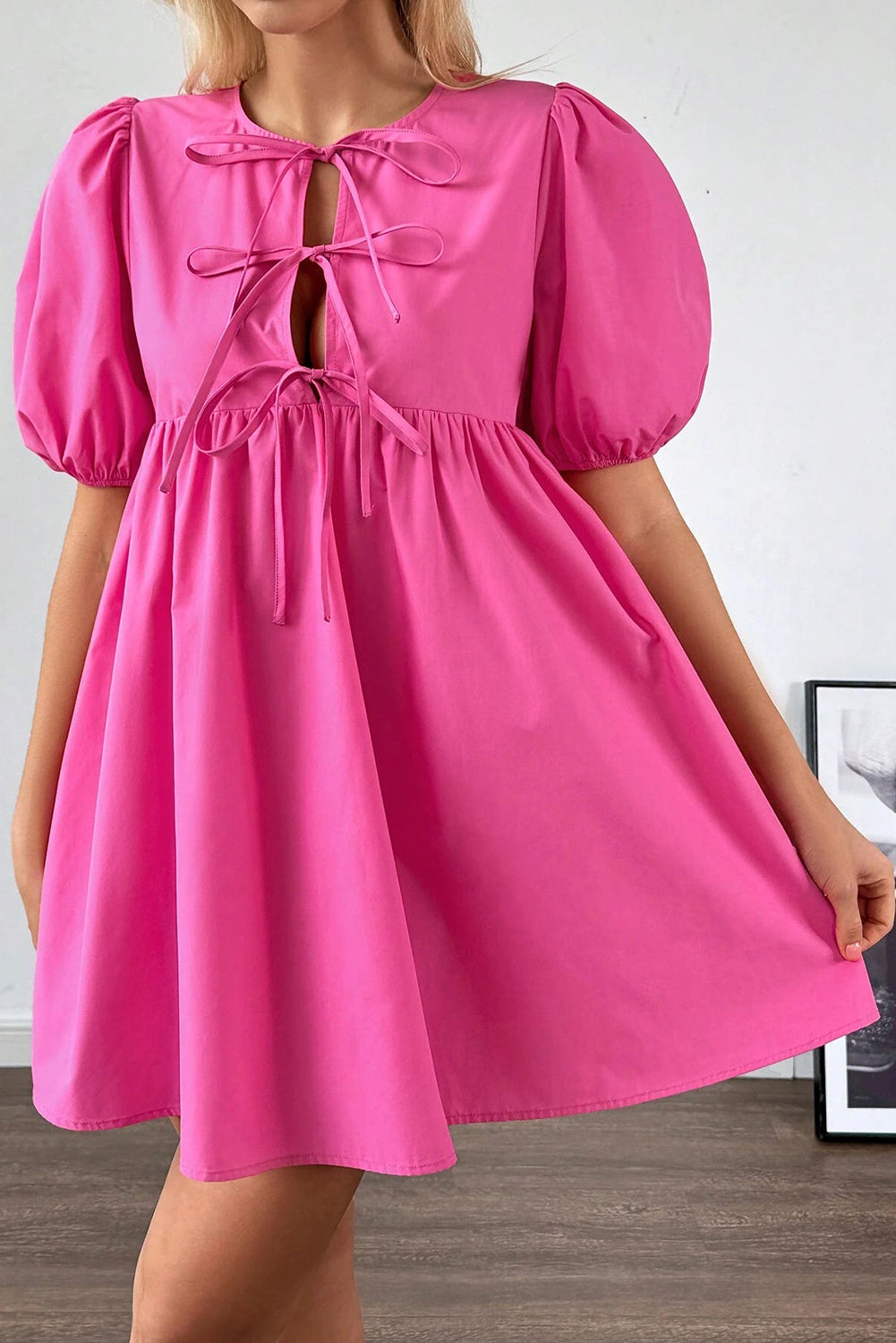 Bright Pink Tie Front Puff Sleeve Mini Dress