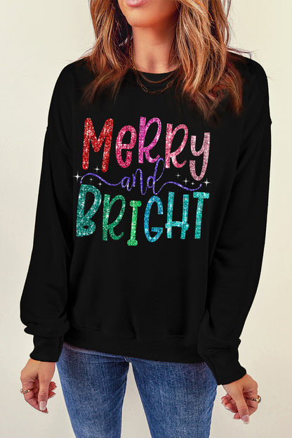 Glittering Merry and Bright Graphic Christmas Pullover Sweatshirt