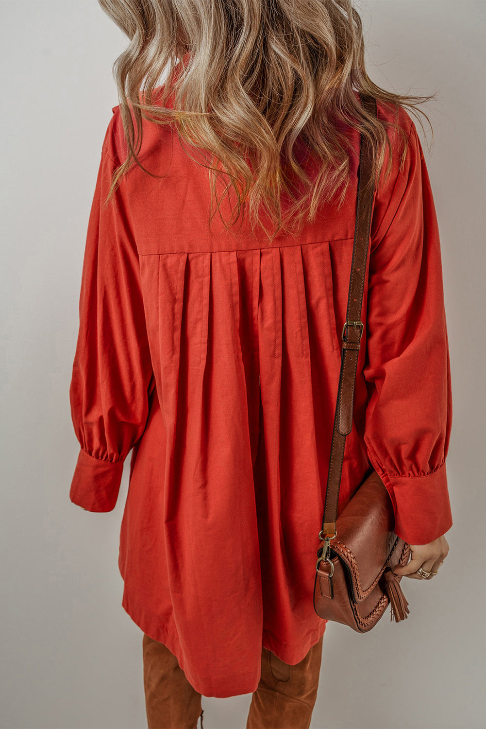 Bishop Sleeve Button-Up Pleated Mini Shirt Dress