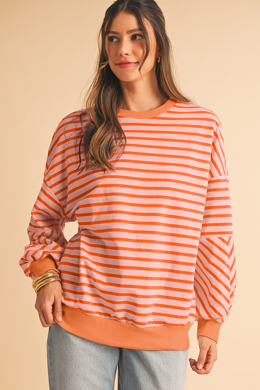 Orange Stripe Drop Shoulder Crew Neck Loose Sweatshirt