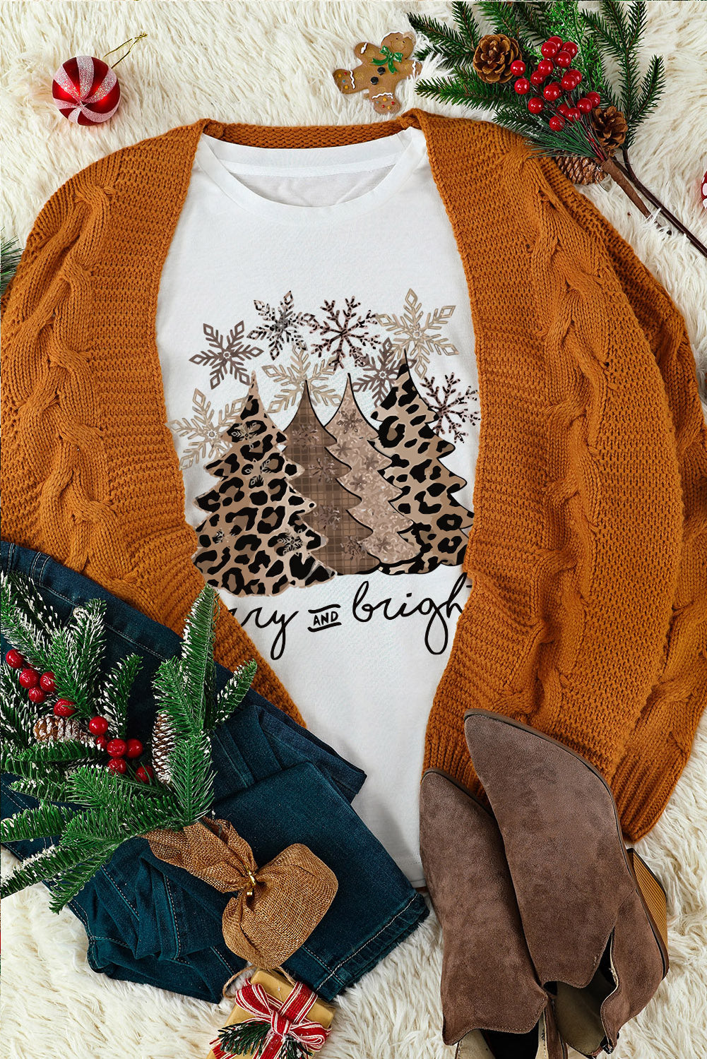 Leopard Christmas Tree Casual Crew Neck Graphic Tee