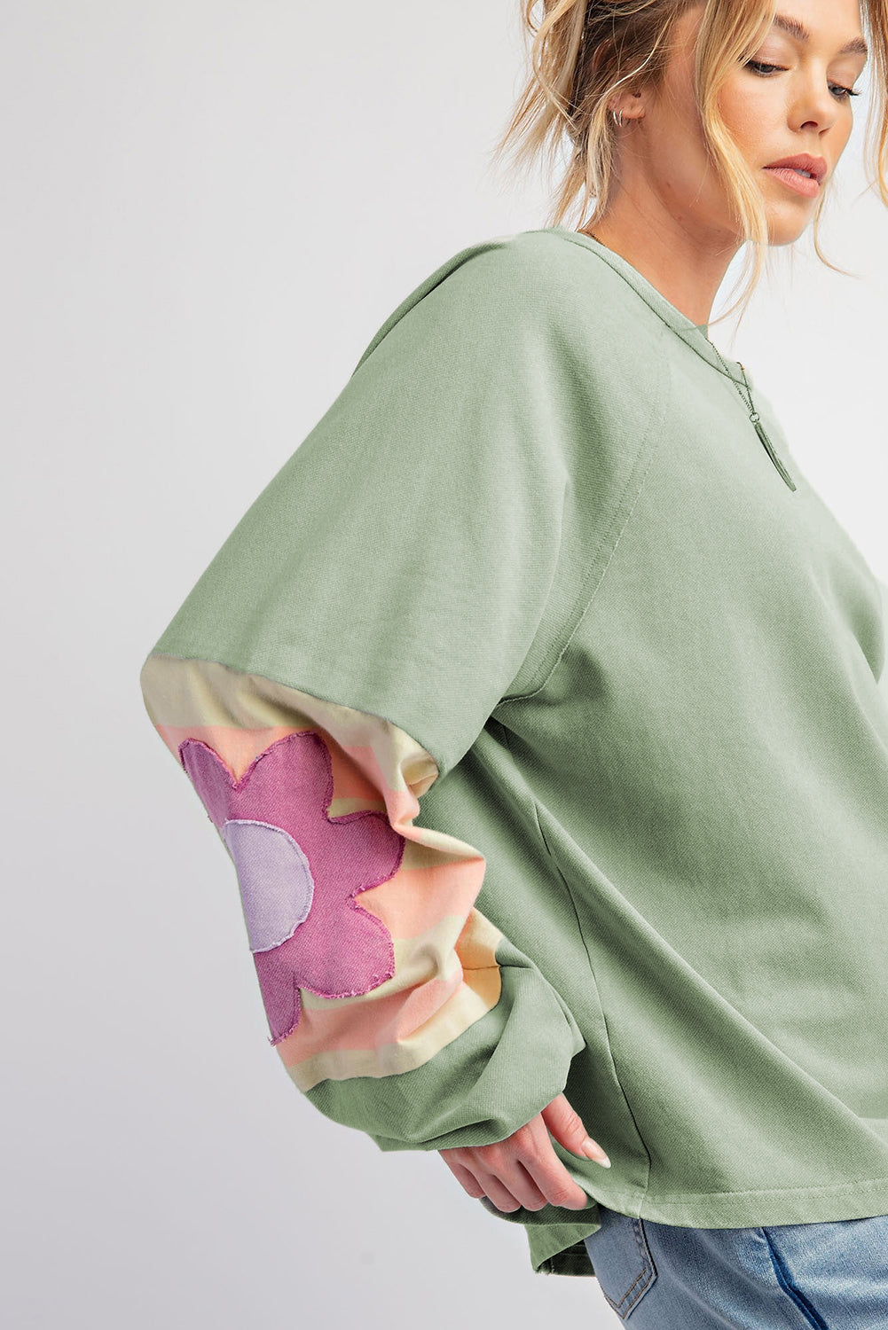 Flower Patchwork Exposed Seam Raglan Sleeve Top