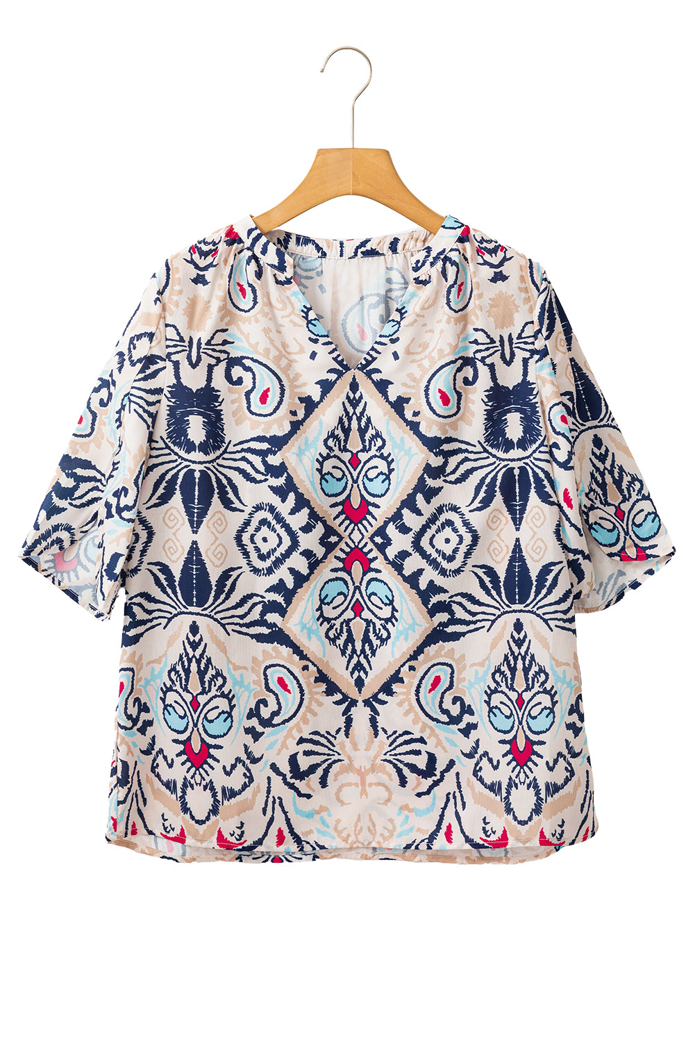 White Abstract Print V-Neck Half Tulip Sleeve Blouse