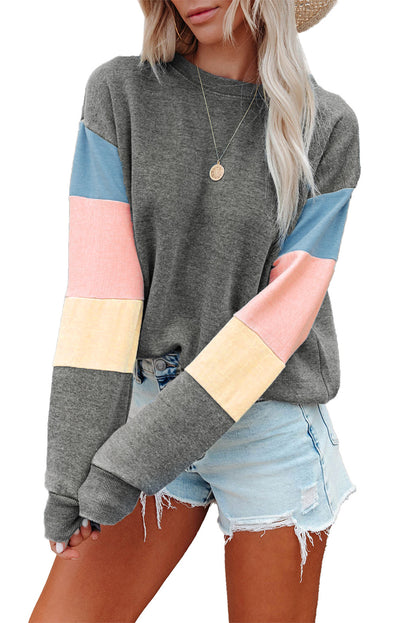 Grey Casual Color Block Drop Sleeve Sweatshirt