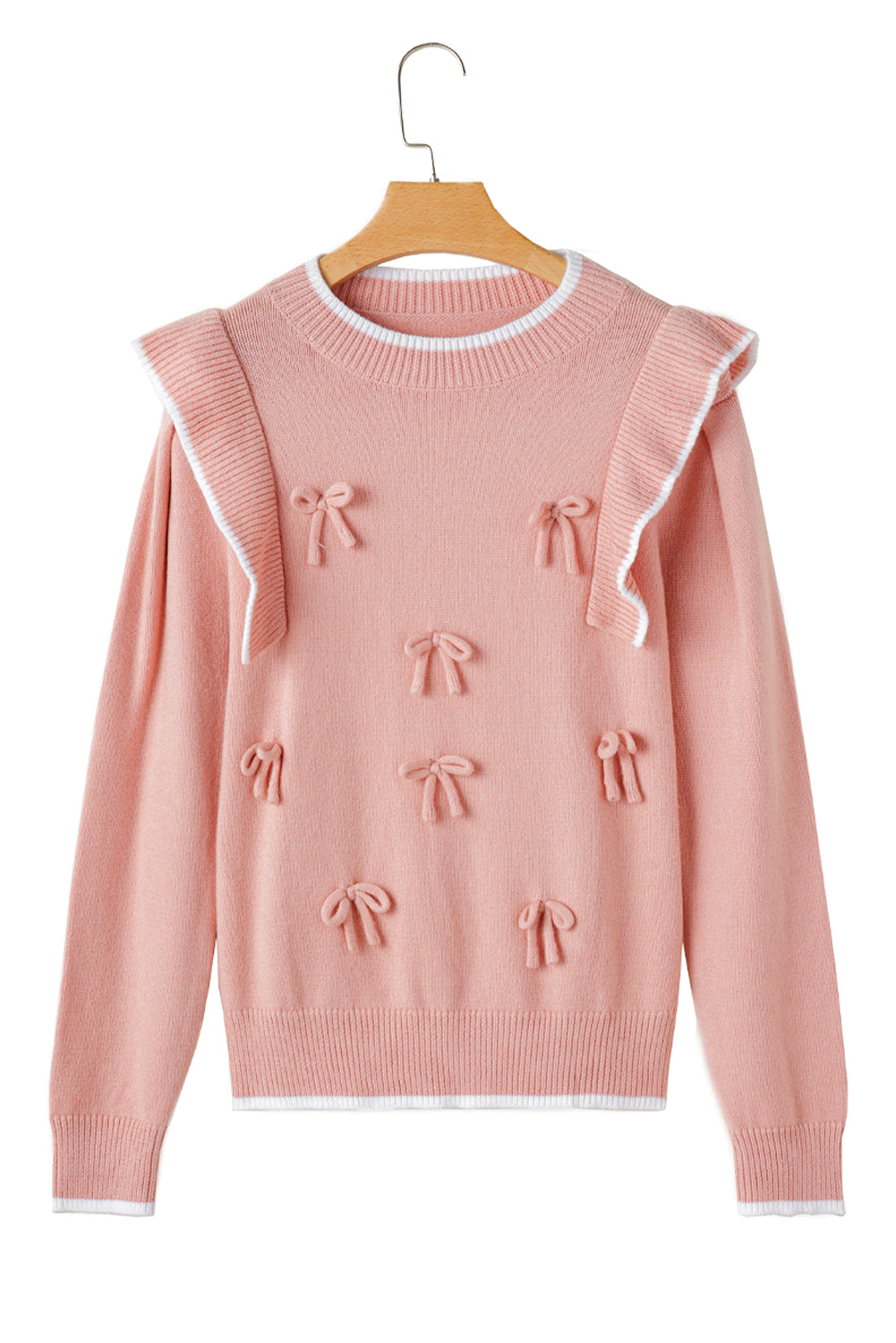 Light Pink Bow Detail Contrast Trim Ruffle Sweater