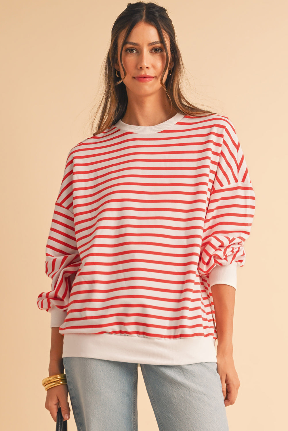 Orange Stripe Drop Shoulder Crew Neck Loose Sweatshirt