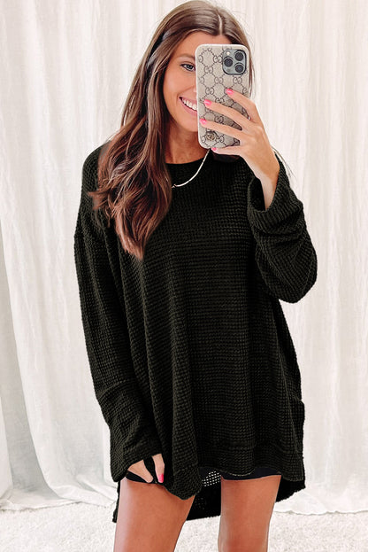 Green Waffle Knit Drop Sleeve High Slits Oversized Top