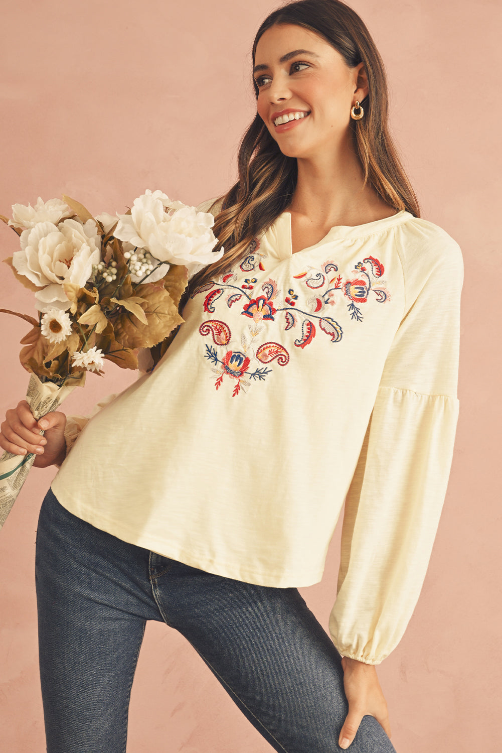 Apricot Paisley Floral Embroidered Notch V Neck Blouse