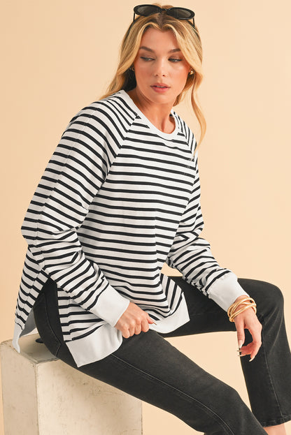 Black Stripe Raglan Sleeve Loose Split Sweatshirt