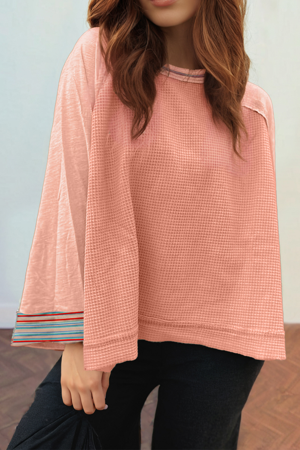 Patchwork Long Sleeve Waffle Top