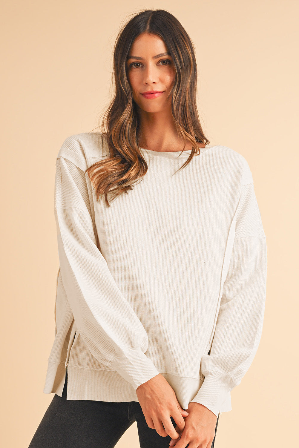 White Waffle Bishop Sleeve Split Oversized Sweatshirt