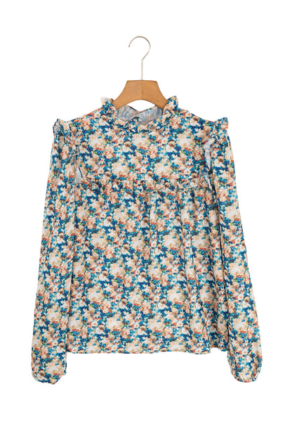 Sky Blue Floral Print Frill Neck Puff Sleeve Blouse