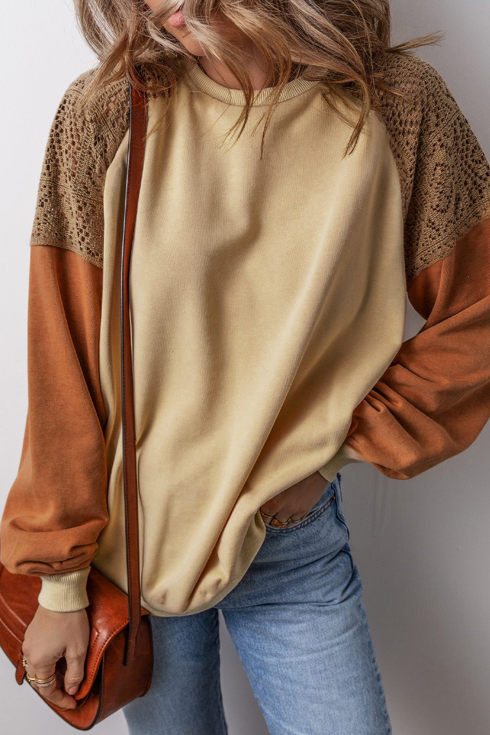 Khaki Crochet Patchwork Raglan Sleeve Sweatshirt