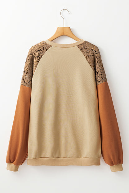 Khaki Crochet Patchwork Raglan Sleeve Sweatshirt