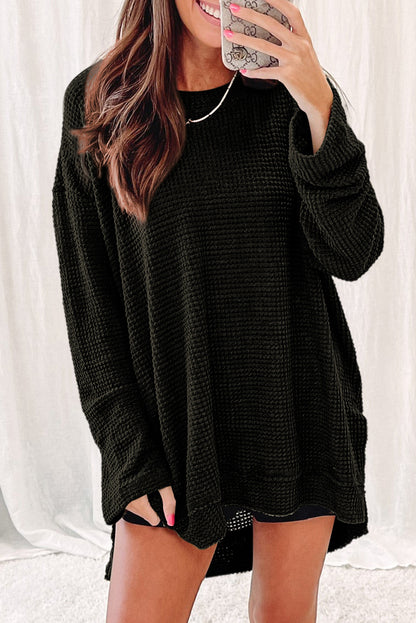 Green Waffle Knit Drop Sleeve High Slits Oversized Top