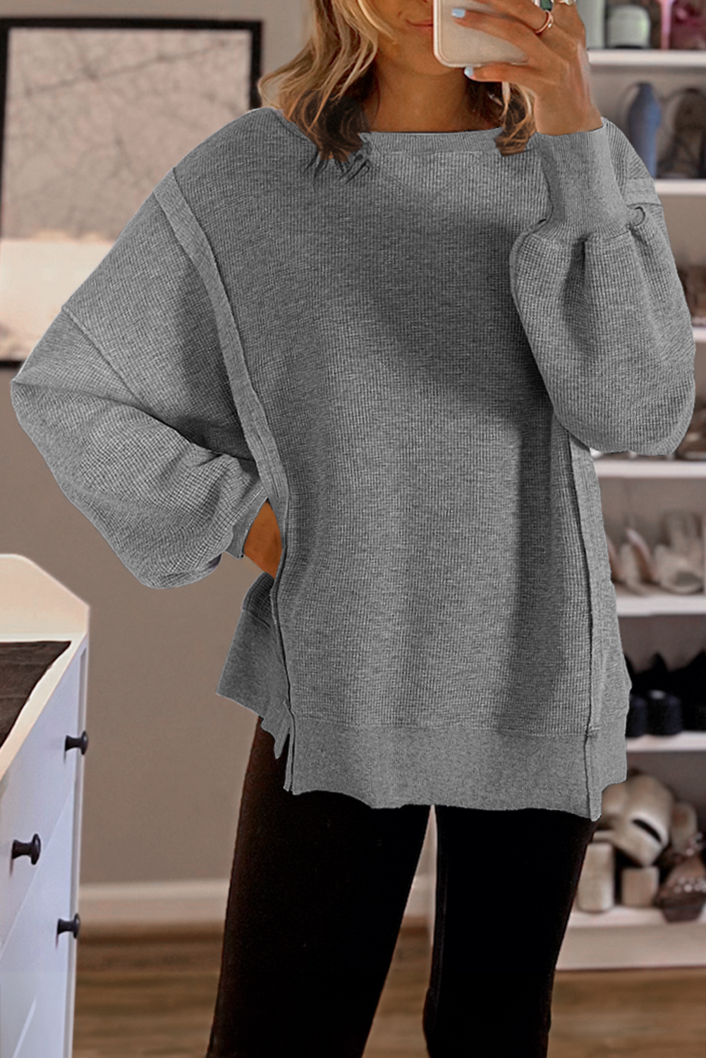 White Waffle Bishop Sleeve Split Oversized Sweatshirt