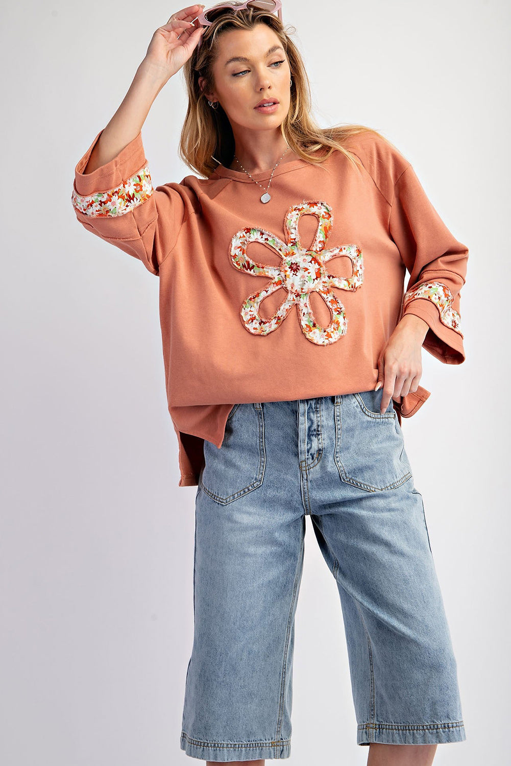 Flower Exposed Seam Patchwork Loose Top