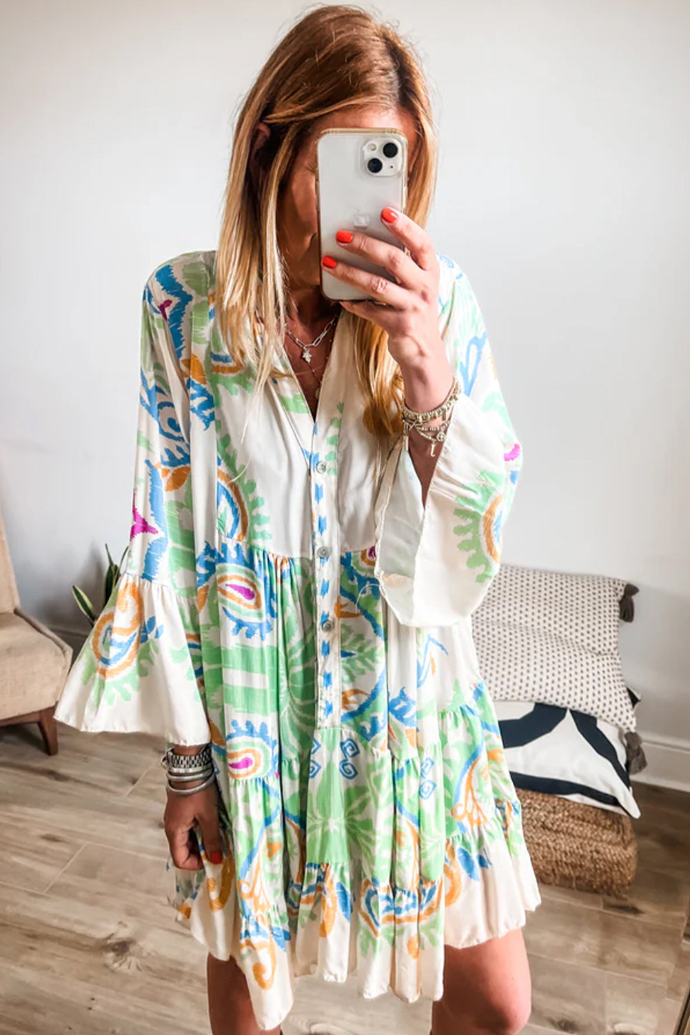 White Ethnic Print Boho Button Tiered Mini Dress