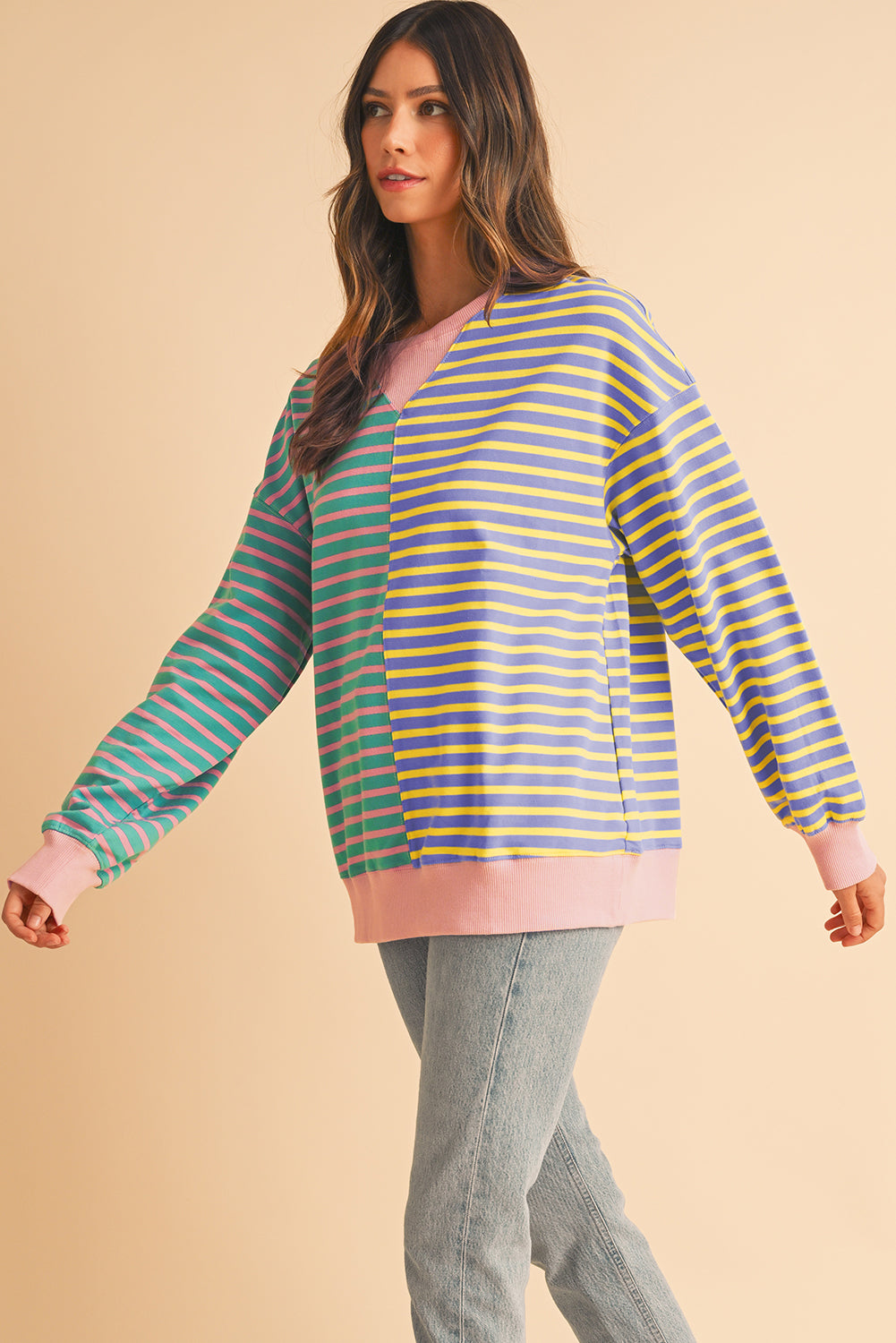 Sky Blue Stripe Colorblock Drop Shoulder Oversize Sweatshirt