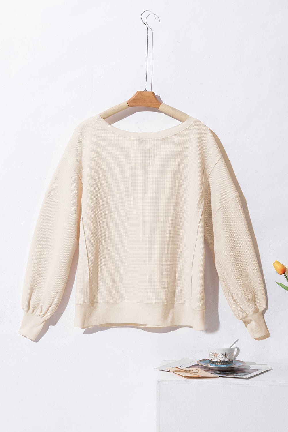 White Waffle Bishop Sleeve Split Oversized Sweatshirt