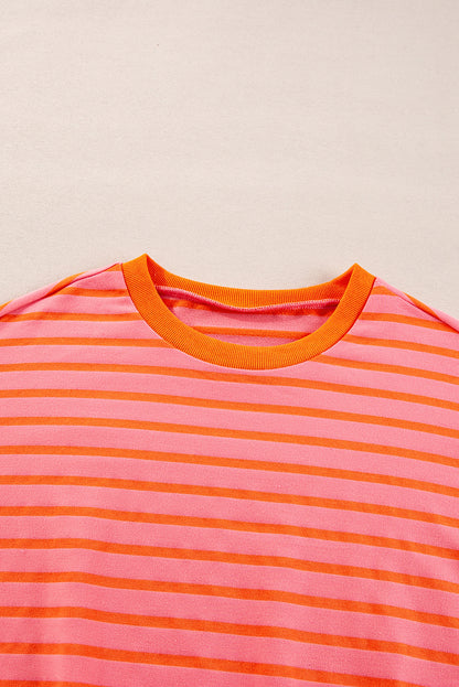 Orange Stripe Drop Shoulder Crew Neck Loose Sweatshirt