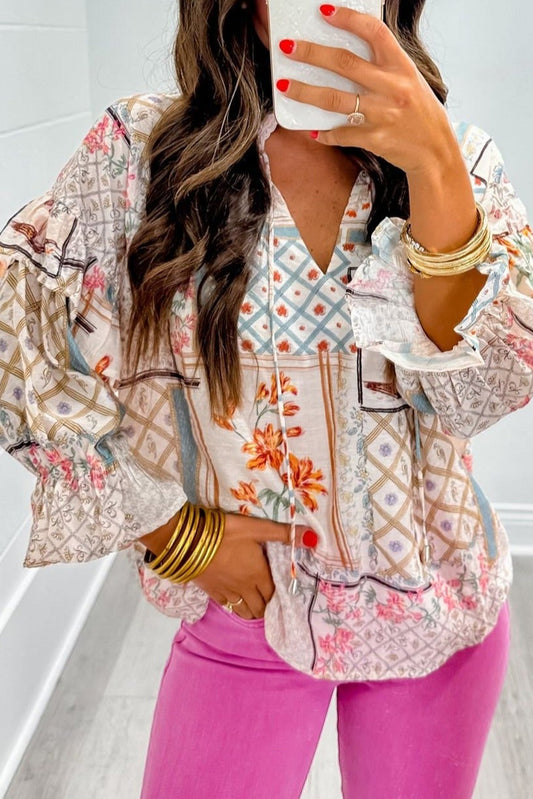 Multicolour Floral Plaid Patchwork Puff Sleeve Blouse